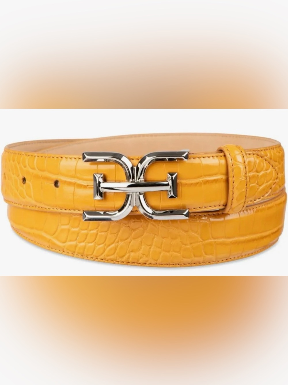 SAM EDELMAN MUSTARD Croc-Embossed Leather Belt with Logo  Silver Buckle SIZE S